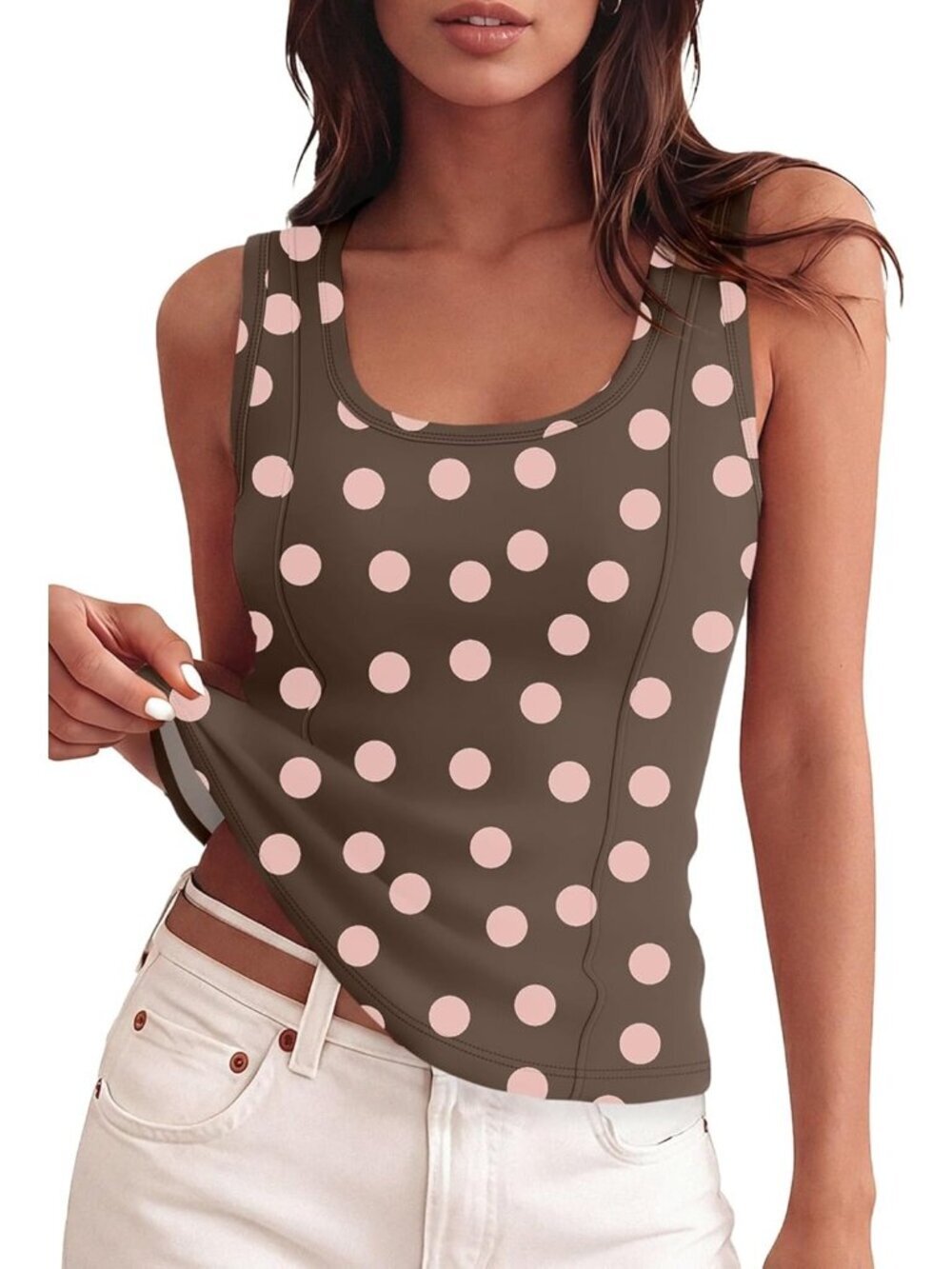 Womens brown Polka Dots Tank Top Ribbed Scoop Neck Slim Fit